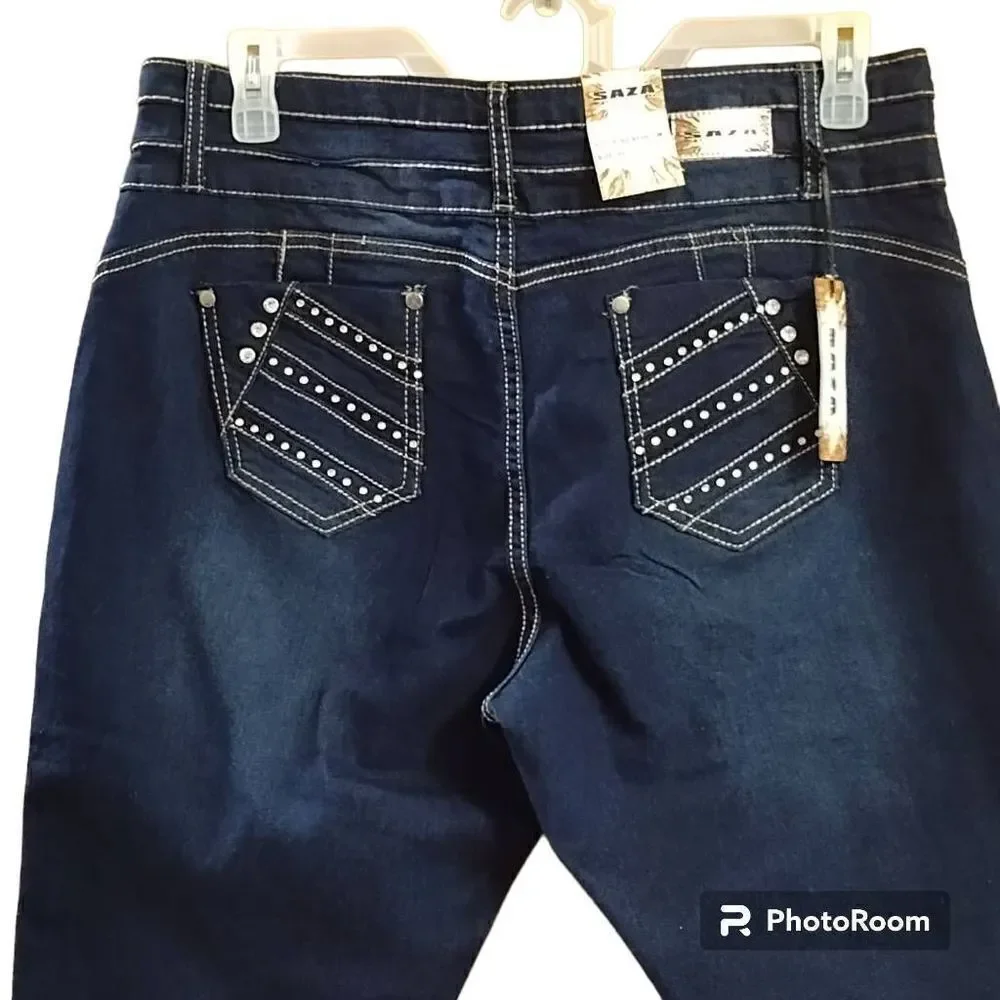 NWT Saza Denim Long Bermuda Jean Shorts Rhinestone Pockets Dark Blue Sz 20